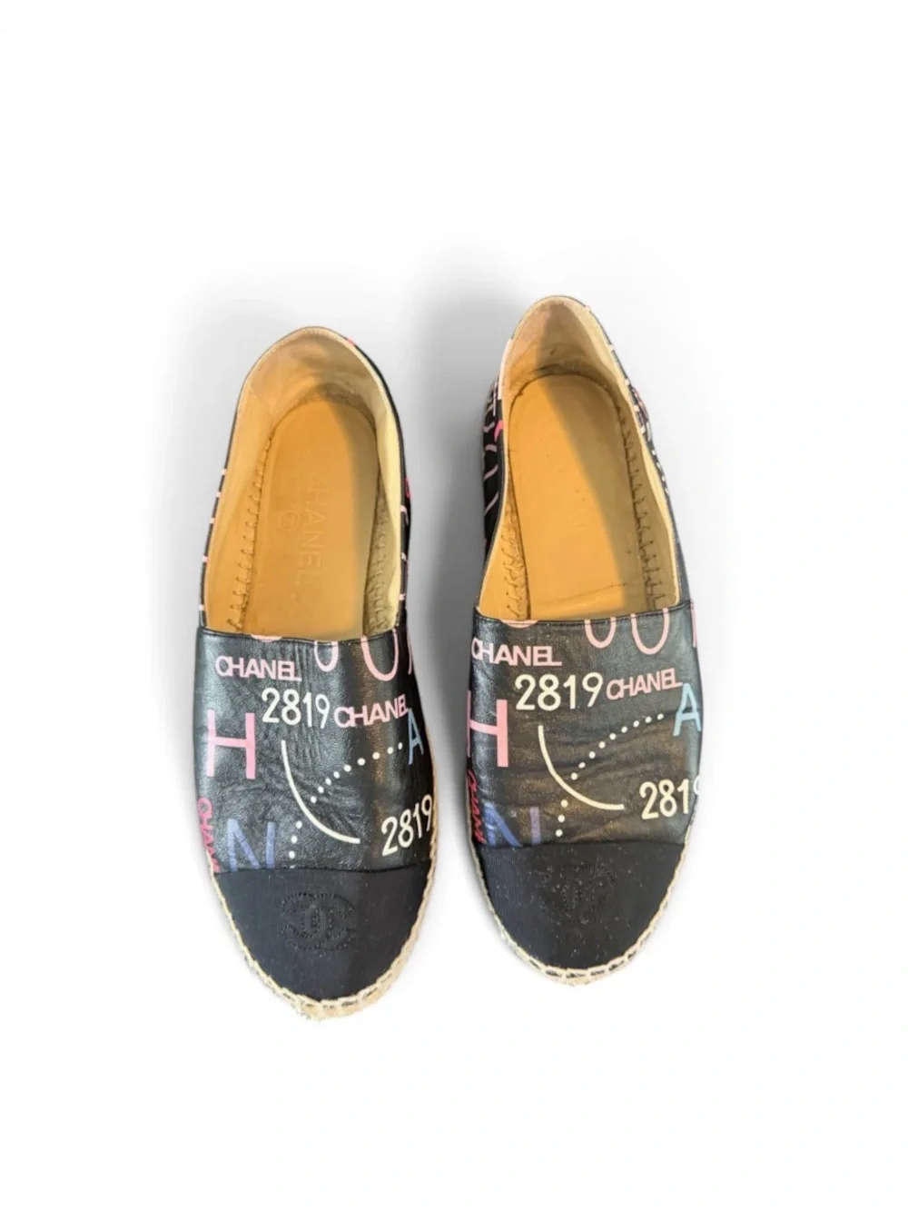Authentic CHANEL Black Canvas Espadrilles with Pink & Blue Logo Print